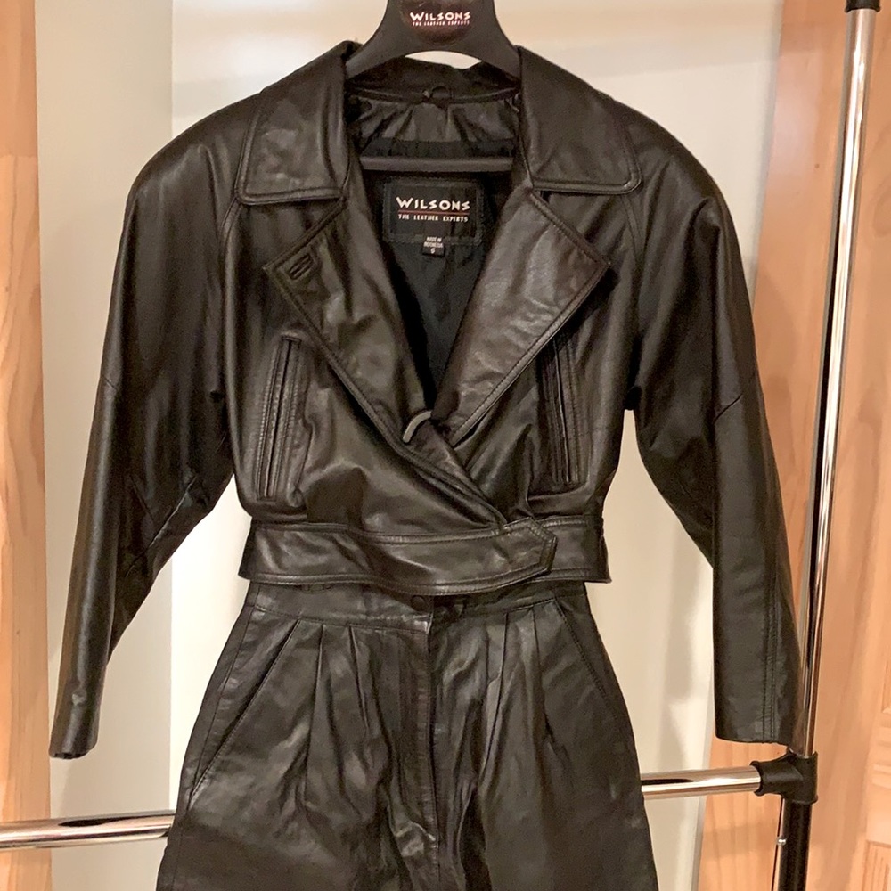 Leather jacket and short set.